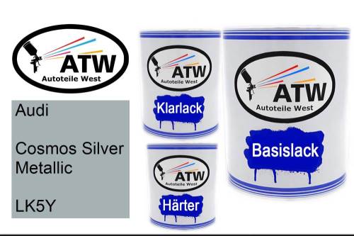 Audi, Cosmos Silver Metallic, LK5Y: 1L Lackdose + 1L Klarlack + 500ml Härter - Set, von ATW Autoteile West.